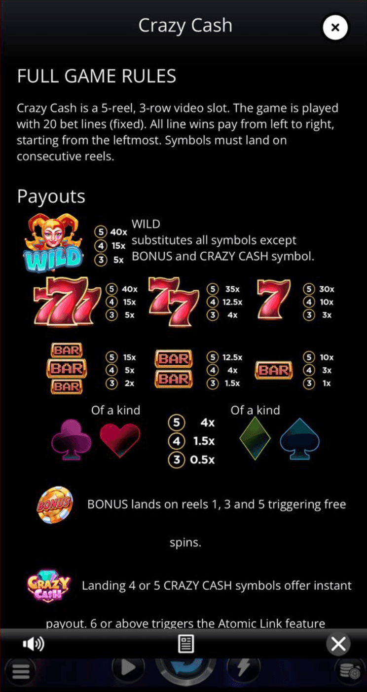 Game Symbols & Payouts crazy cash