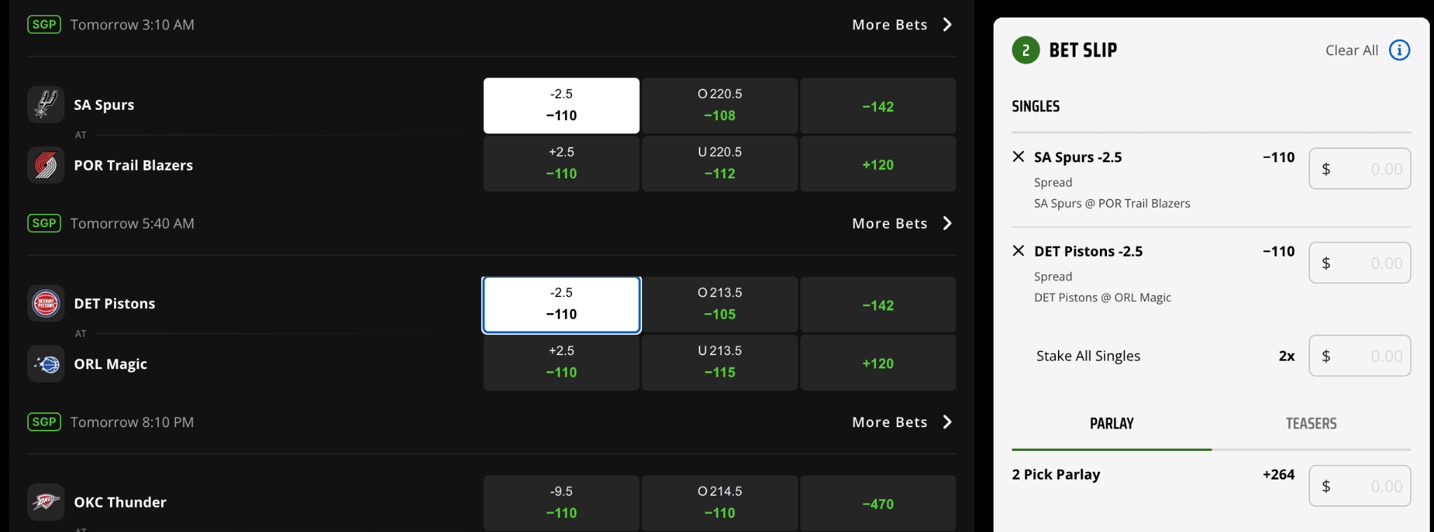 I added Pistons -2.5 against the Magic 