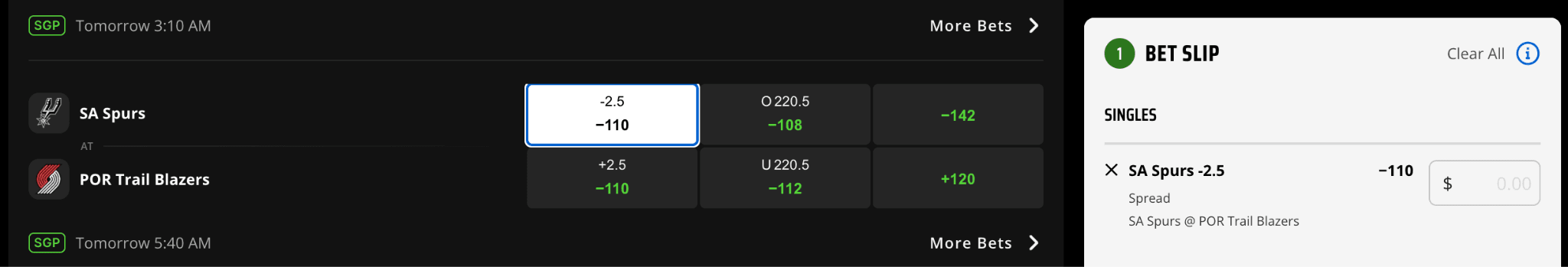 I selected Spurs -2.5 against the Blazers 