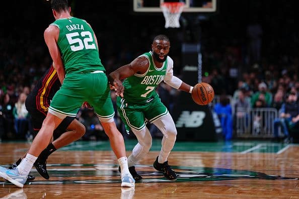  Jaylen Brown #7 of the Boston Celtics dribbles the ball 