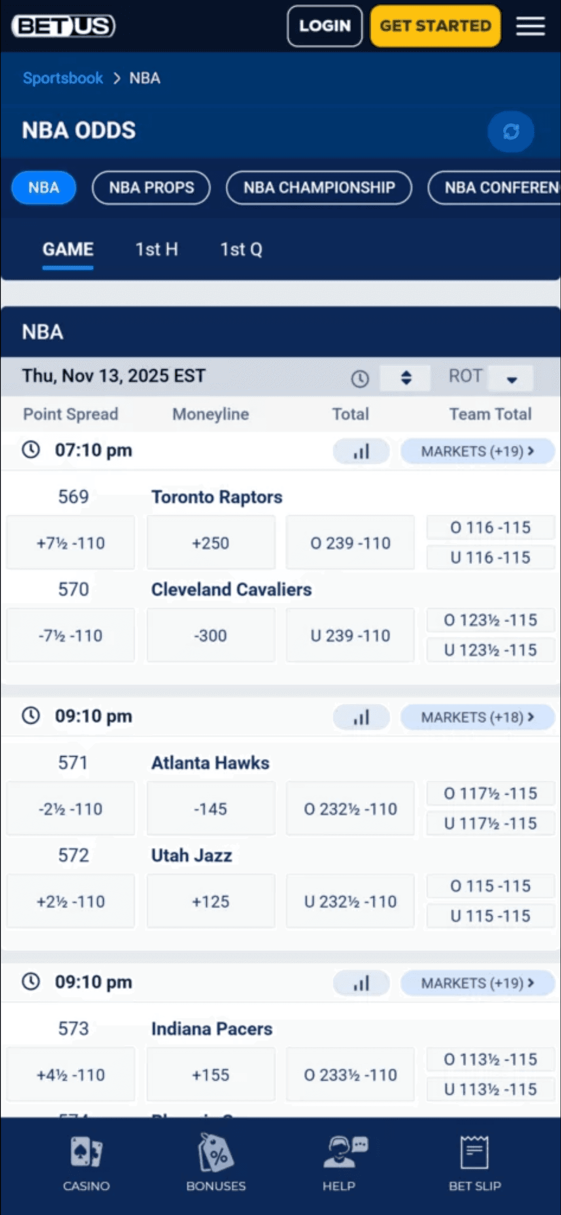 NBA odds for three Thursday night games