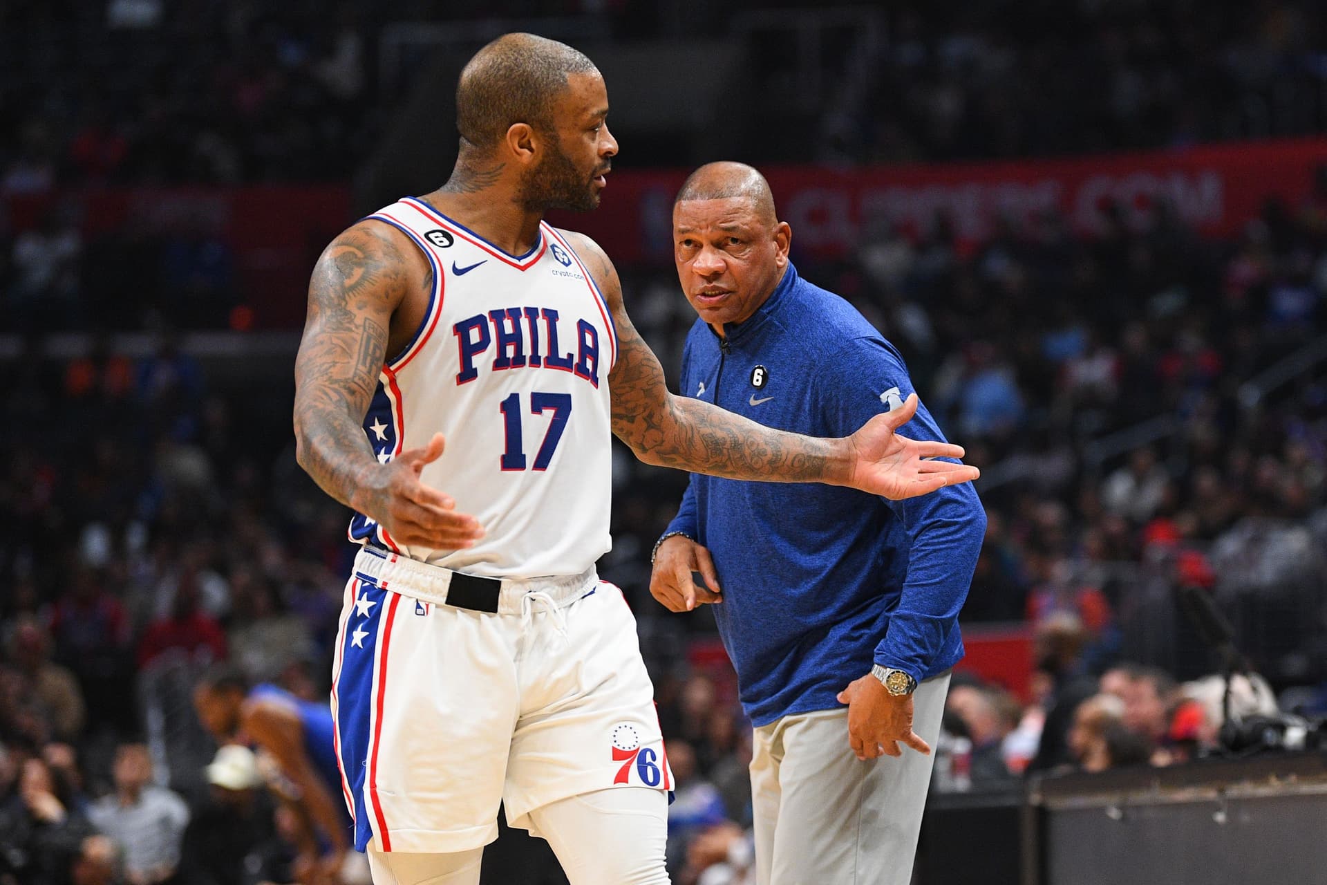 Philadelphia 76ers head coach Doc Rivers has a discussion with Philadelphia 76ers