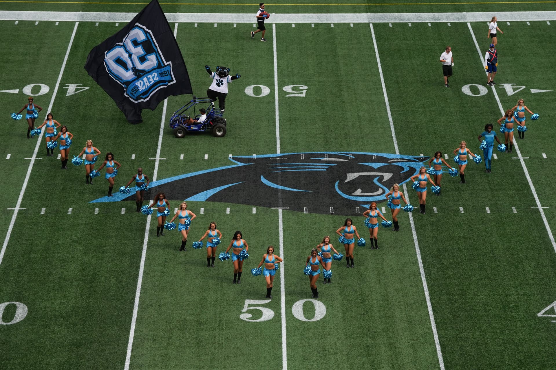 The Carolina Panthers dance team performs prior to a game against the Los Angeles Chargers
