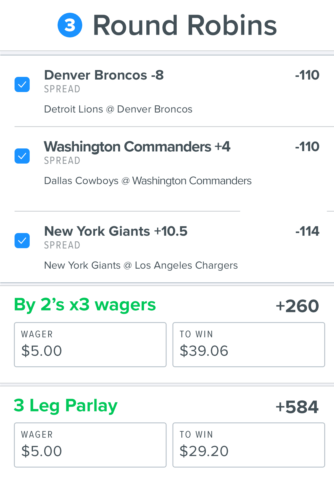 Three-leg NFL spread parlay 