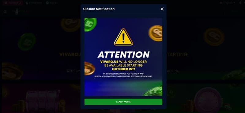 Players have less than two weeks left to cash out their sweeps coins at the Vivaro casino site.