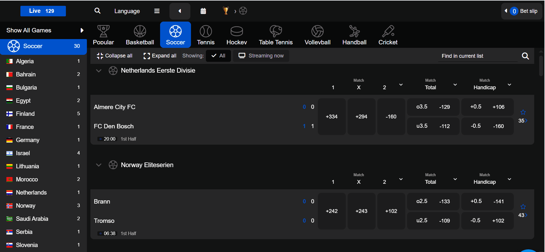 A live betting interface showing live soccer betting options