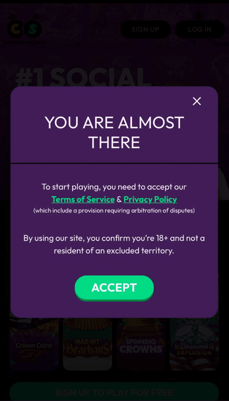 Accept Crown Coins’ Terms and Conditions.