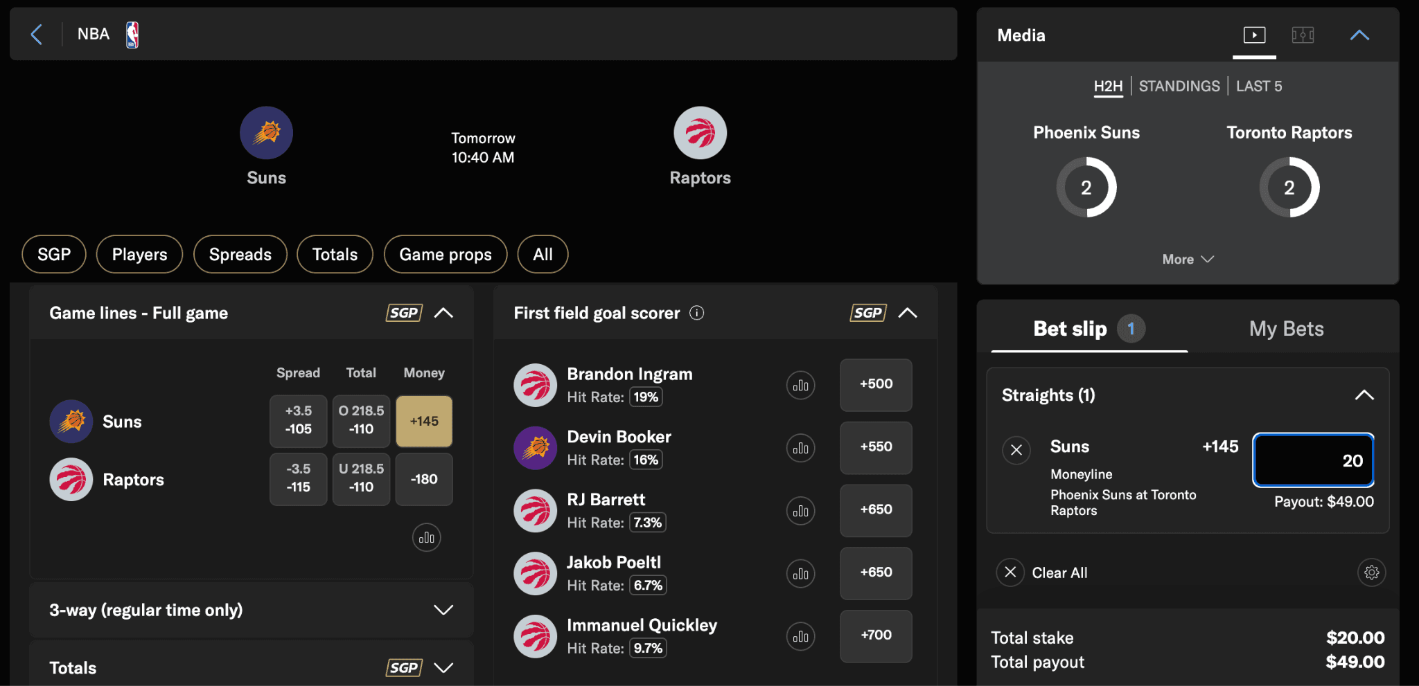 Based on the Suns' riding a 4-game win streak and hosting the Raptors