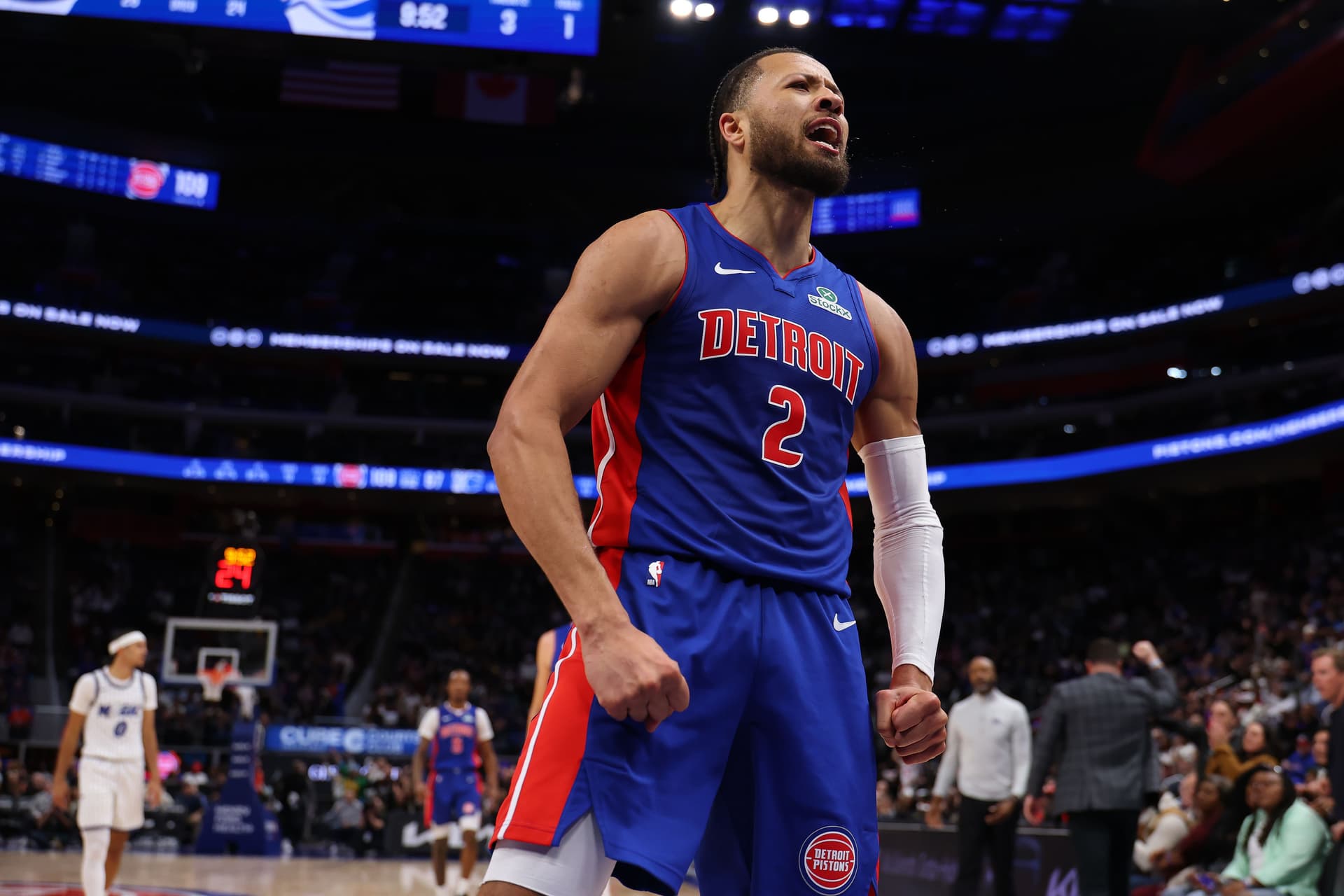 Cade Cunningham #2 of the Detroit Pistons reacts after a second half basket / Getty Images