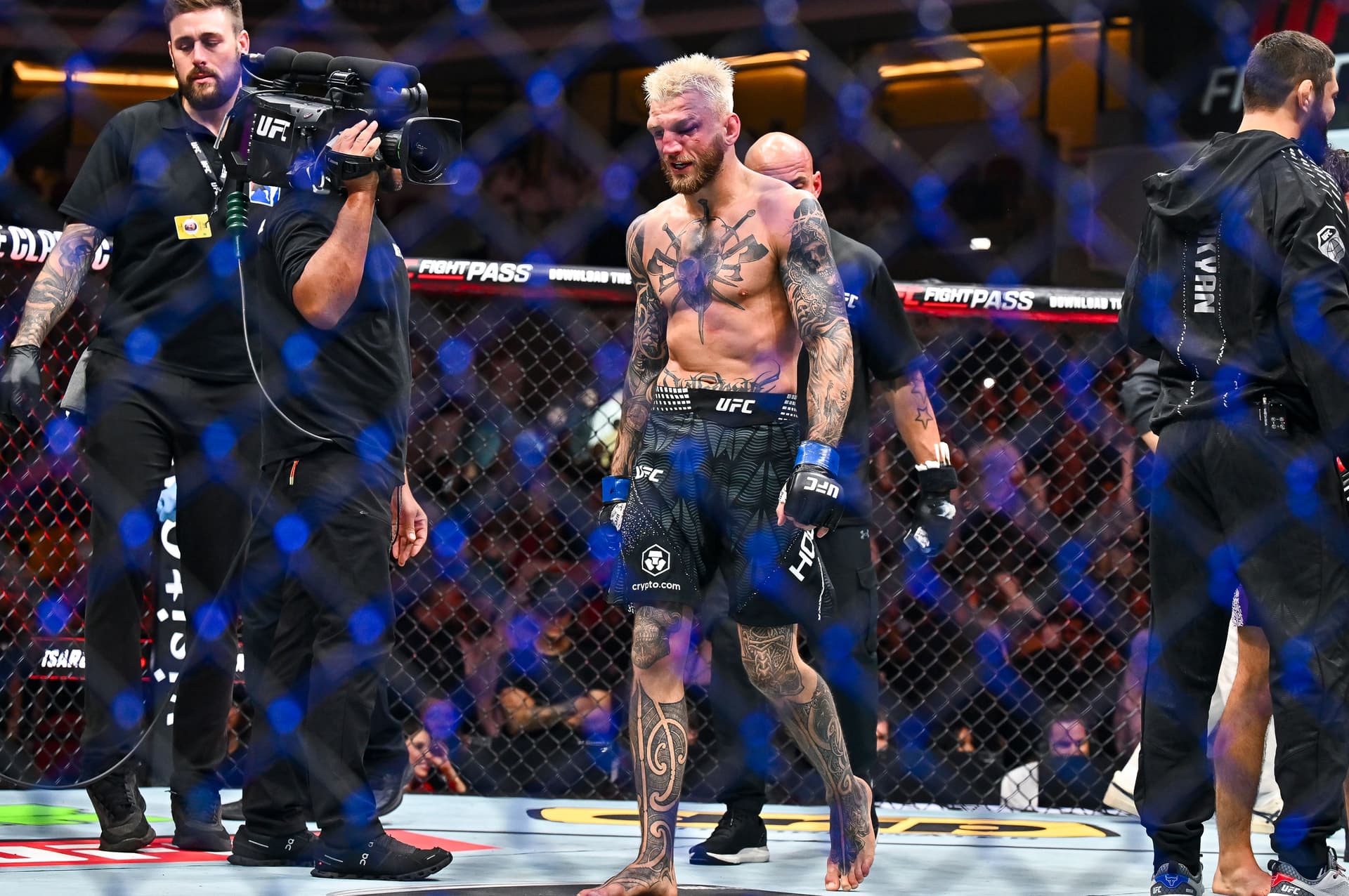 Dan Hooker of New Zealand reacts after a submission loss against Arman Tsarukyan