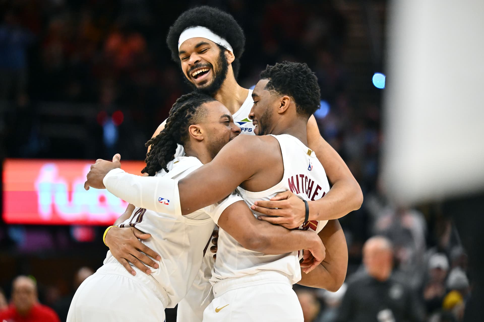 Darius Garland #10 Jarrett Allen #31 and Donovan Mitchell #45 of the Cleveland Cavaliers