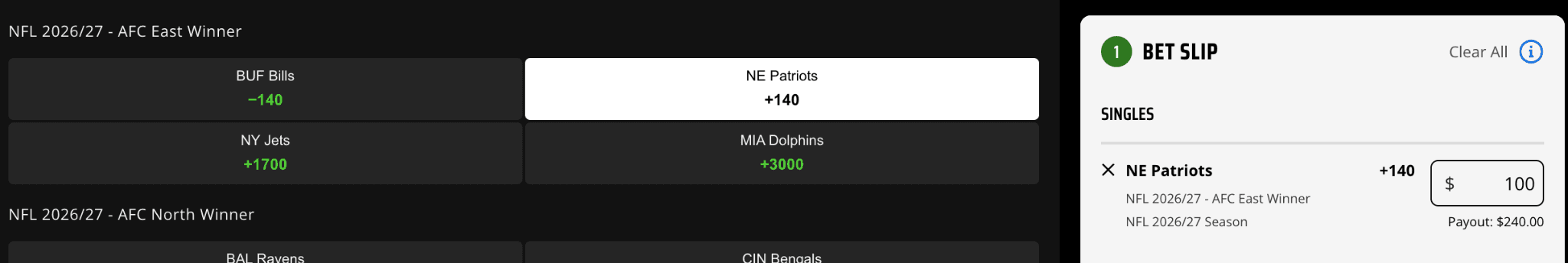 Example of a sportsbook bet slip displaying the relationship between market odds, user stake, and potential return