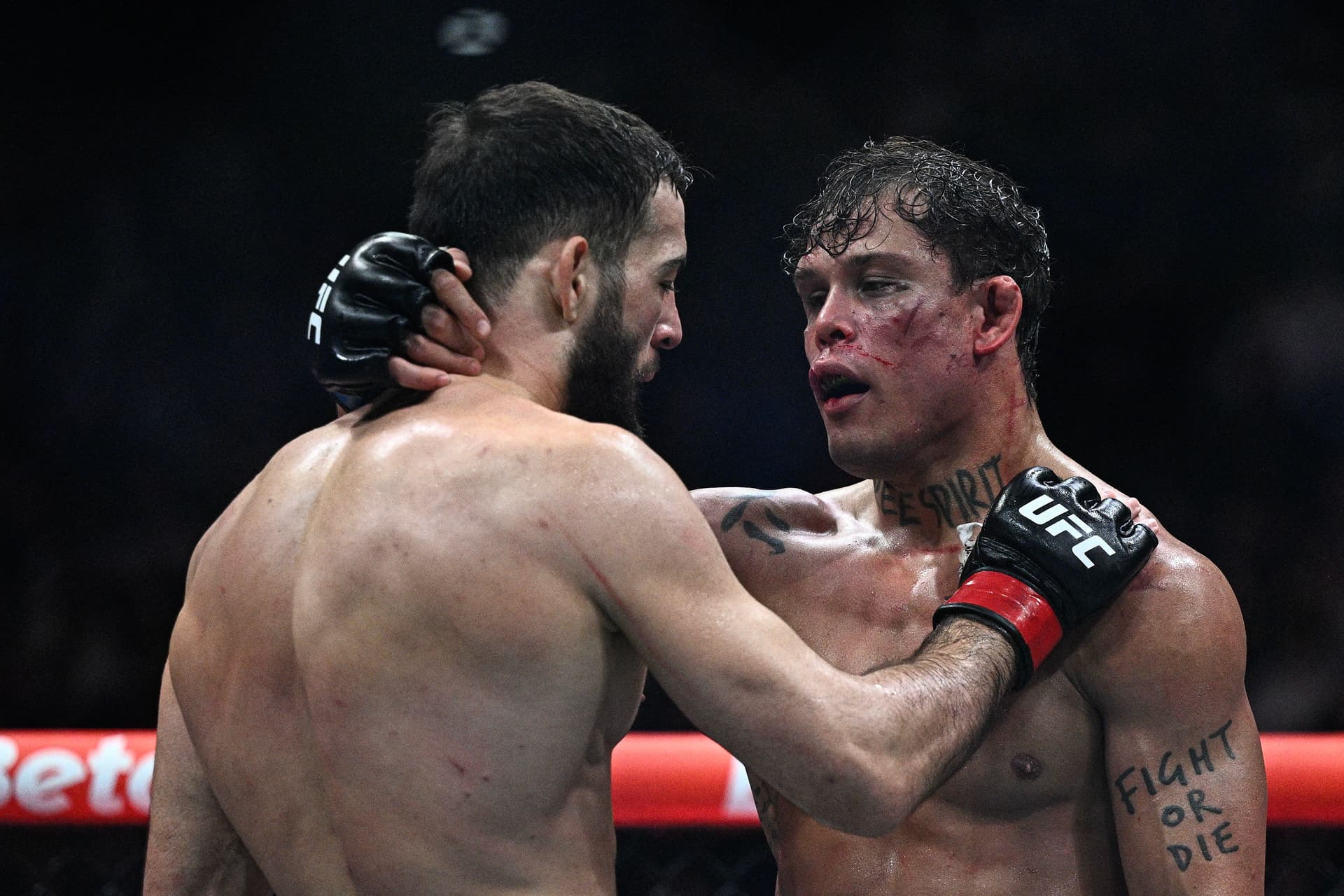France's Nassourdine Imavov is congratulated by Brazil's Caio Borralho