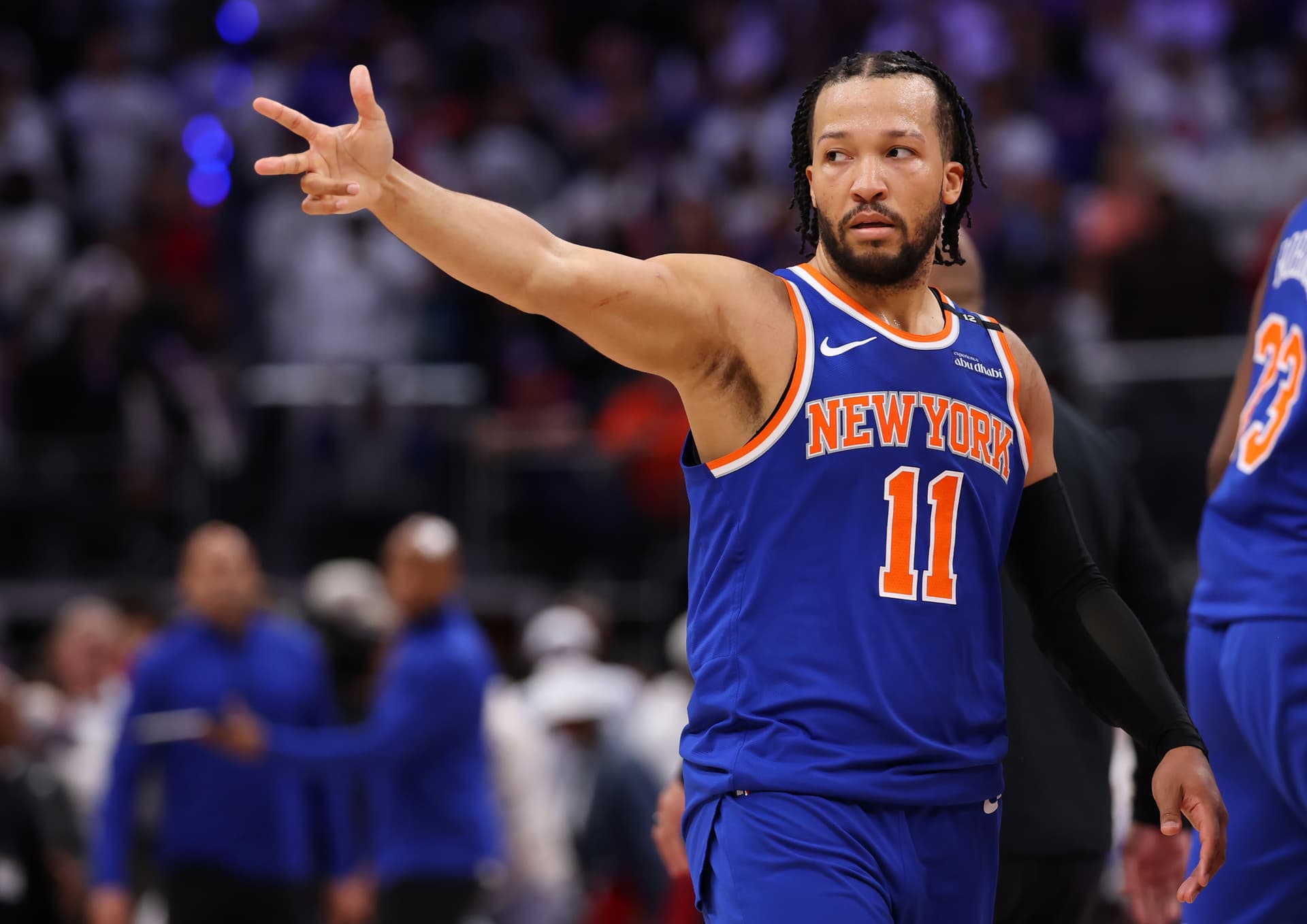 Jalen Brunson #11 of the New York Knicks celebrates after making a three-point basket late