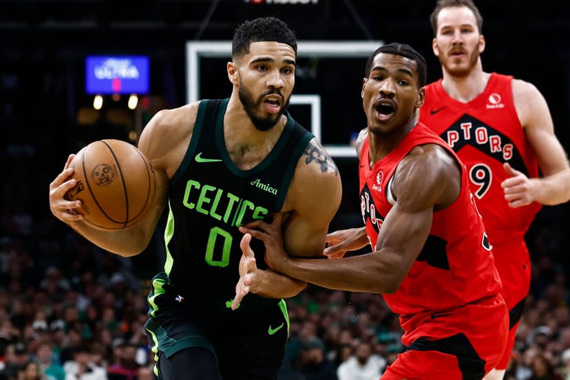 Jayson Tatum #0 and Ochai Agbaji #30 /Getty Images