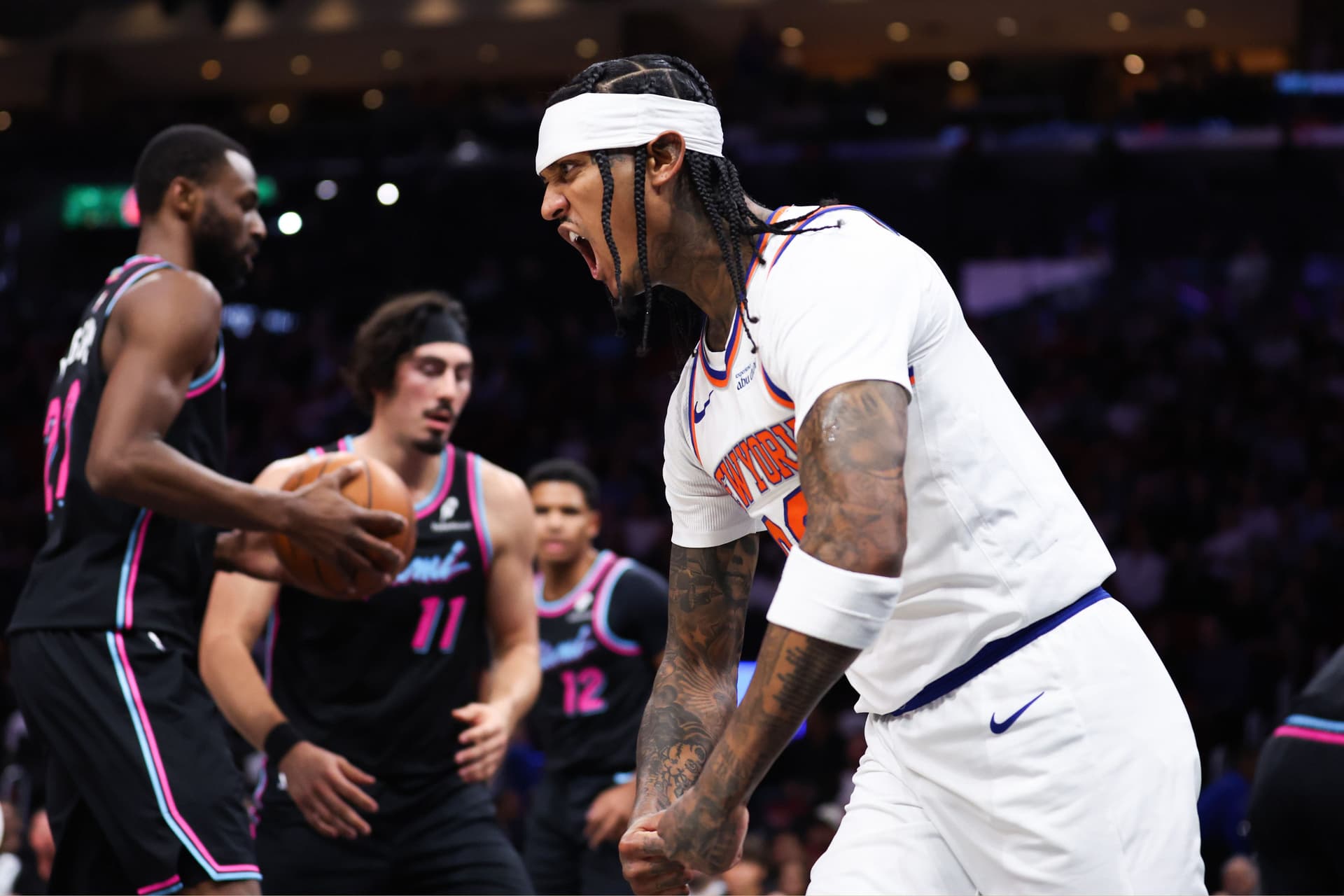 Jordan Clarkson #00 of the New York Knicks reacts after a basket against the Miami Heat during the second quarter