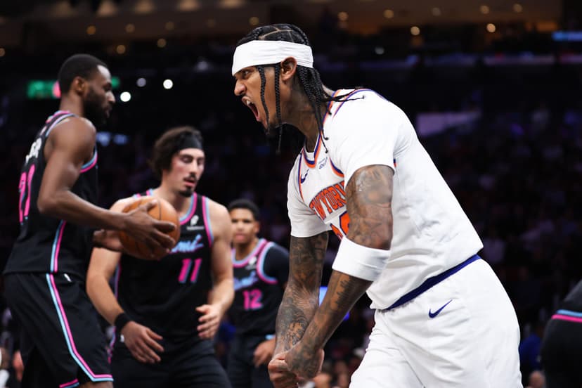 Jordan Clarkson #00 of the New York Knicks reacts after a basket against the Miami Heat during the second quarter