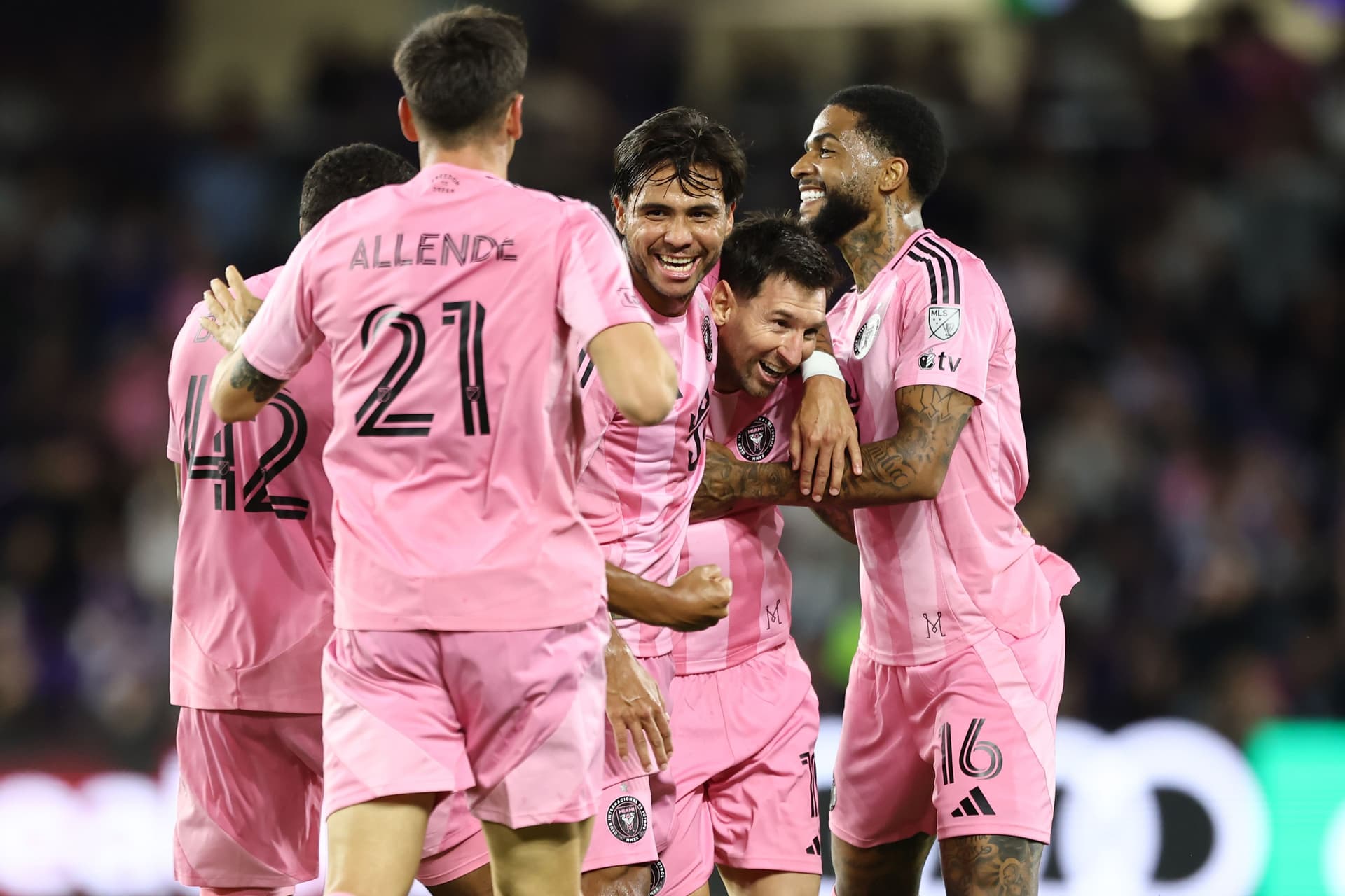 Lionel Messi #10 of Inter Miami CF celebrates with teammates after scoring the team's second goal
