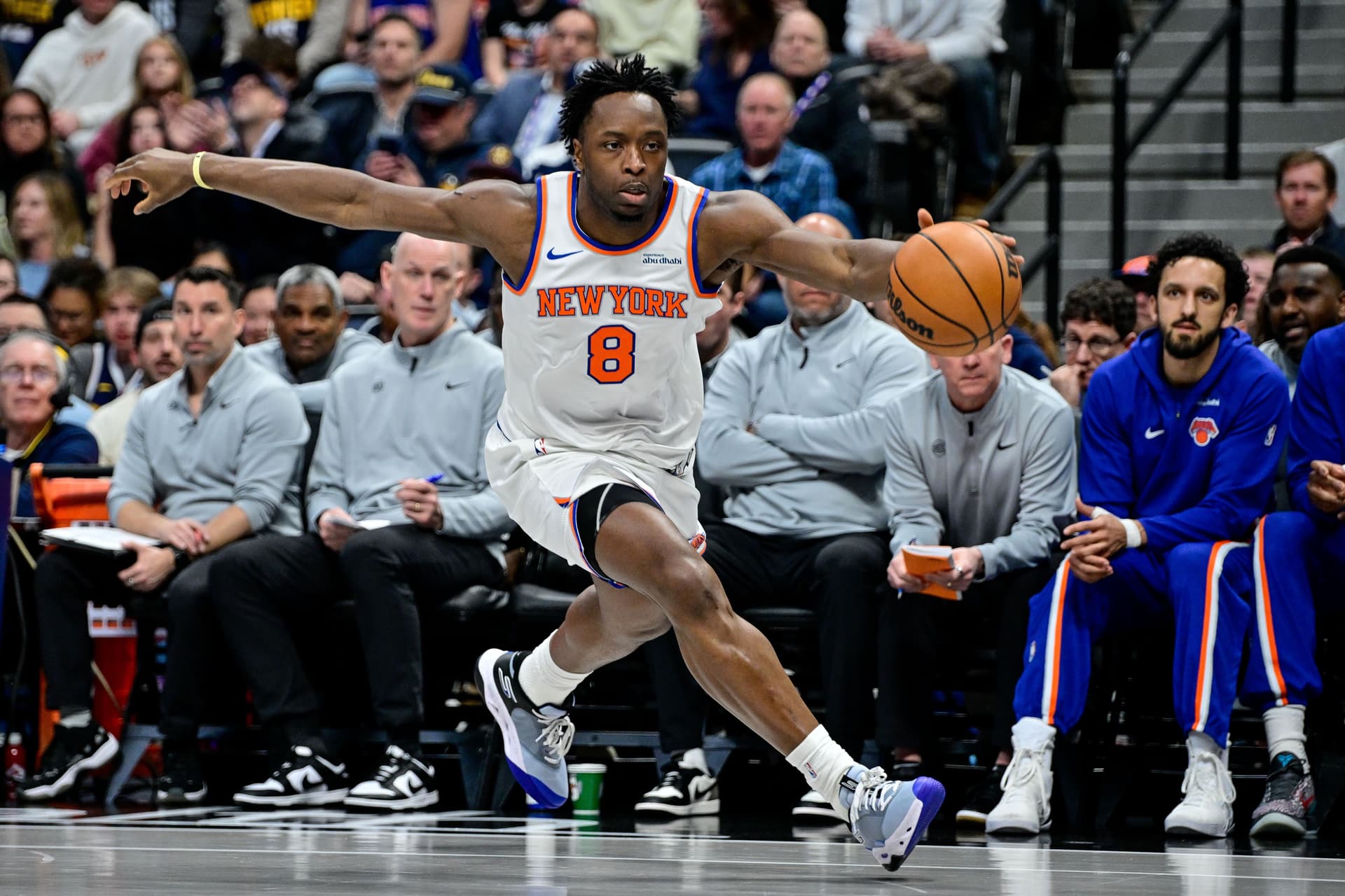 Og Anunoby #8 of the New York Knicks collects a pass in the first half against the Denver Nuggets