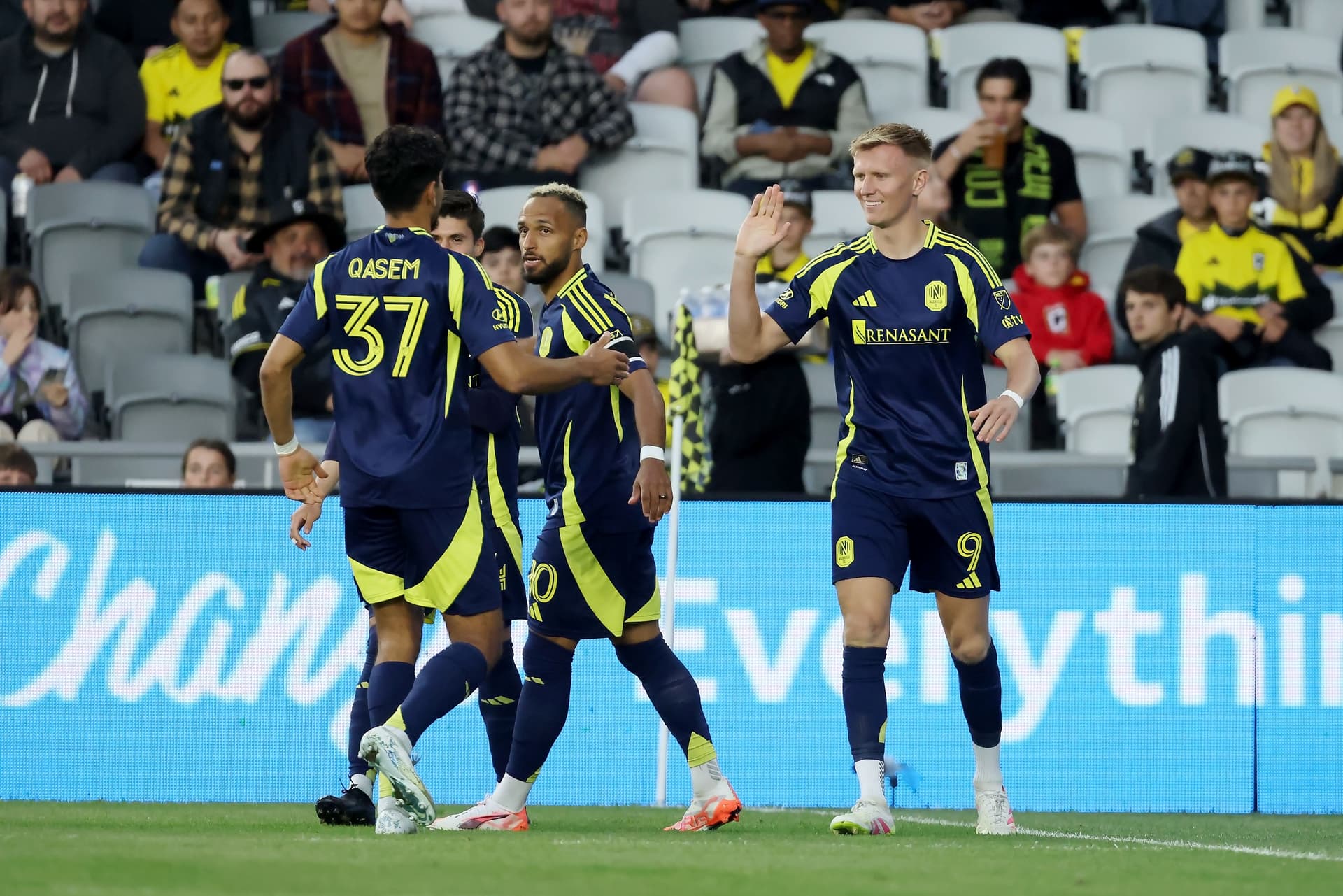 Sam Surridge #9 of Nashville SC is congratulated by Ahmed Qasem #37 after scoring a goal