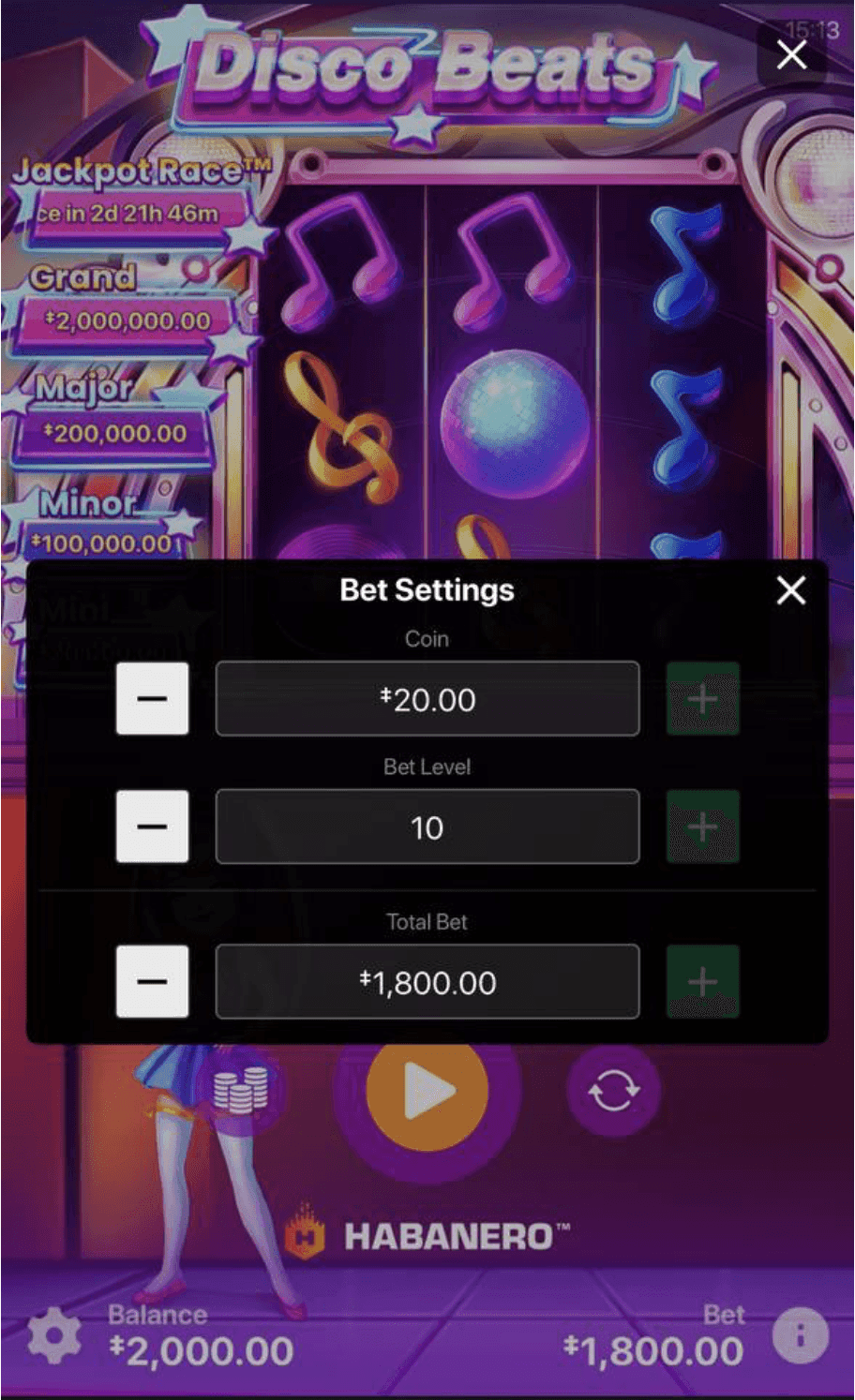 Set your bet between 0.09 SC and 1,800 SC