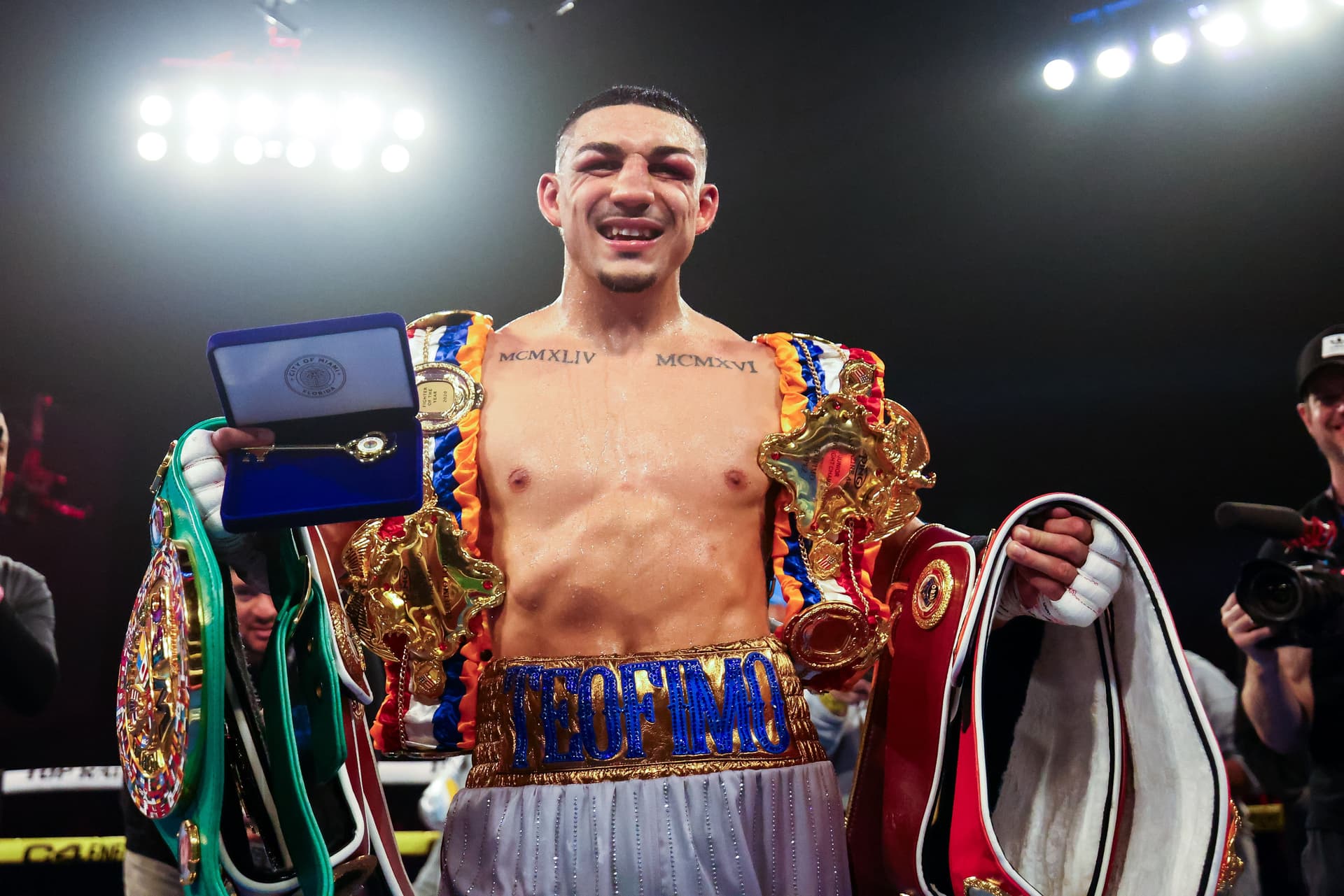 Teofimo Lopez celebrates after defeating Steve Claggett