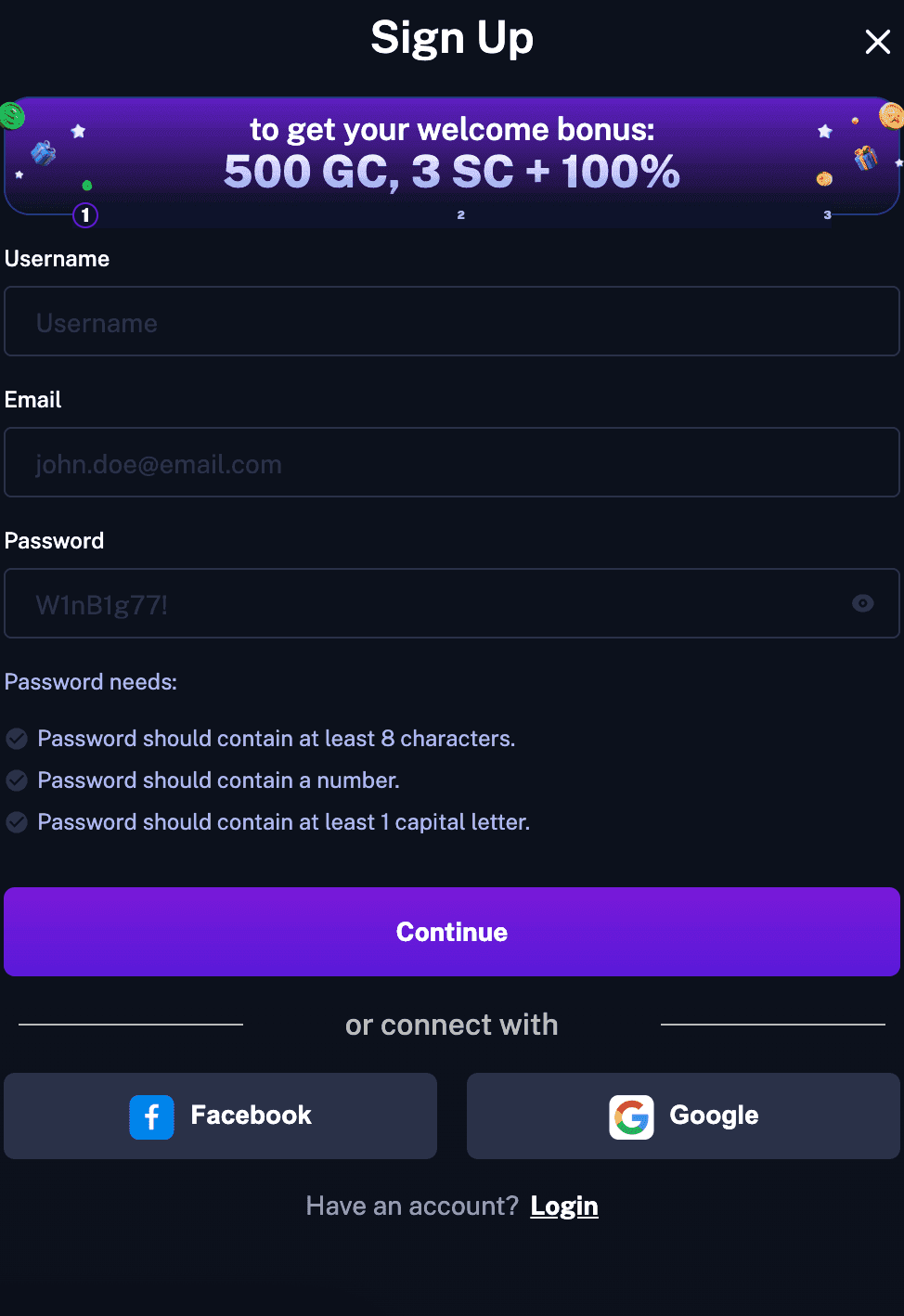 Type in your username, email, and password
