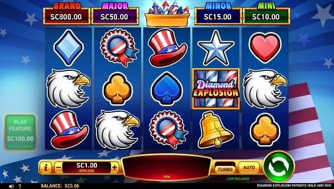 Diamond Explosion Patriots, an online slot machine created by designer Ruby Play, packs the excitement of the Piggy Bankin' hold and spin feature with two more bonuses.